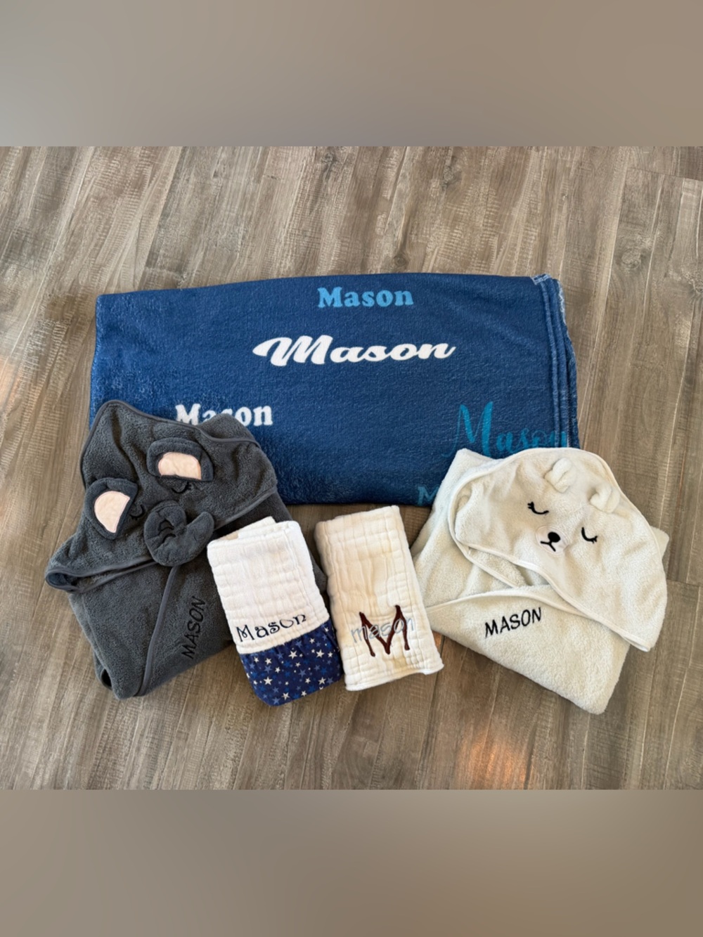 “MASON” Monogrammed Bundle - Hooded Towels, Burp-cloths, and Blanket